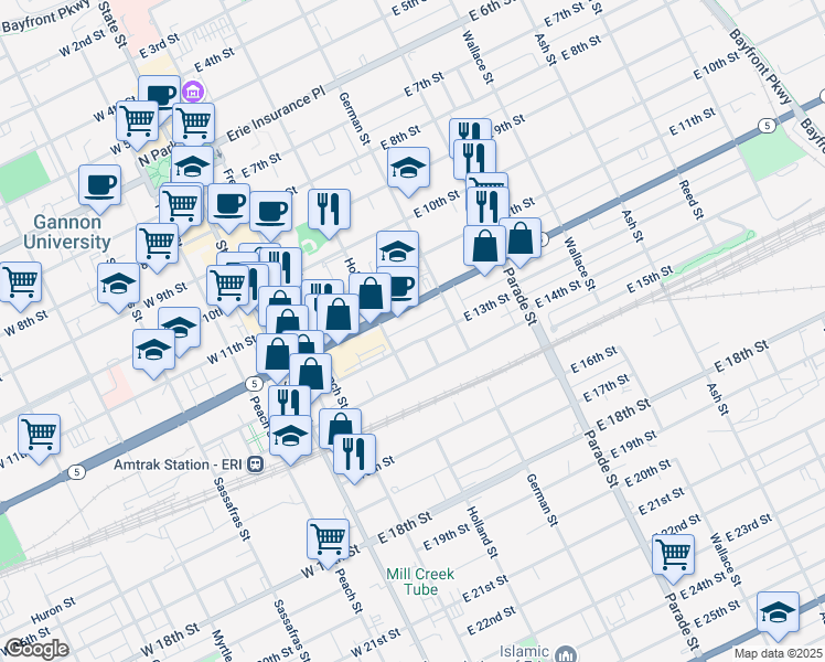 map of restaurants, bars, coffee shops, grocery stores, and more near 226 East 13th Street in Erie