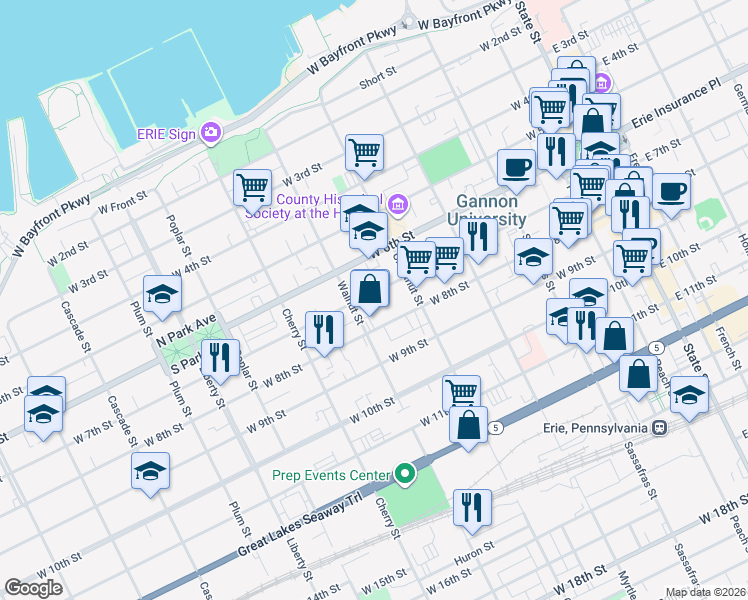 map of restaurants, bars, coffee shops, grocery stores, and more near 441 West 7th Street in Erie