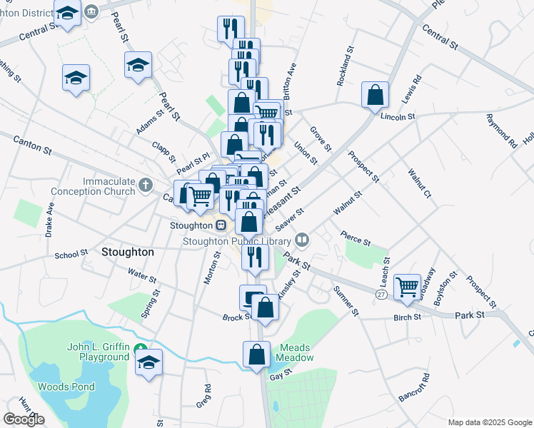 map of restaurants, bars, coffee shops, grocery stores, and more near 34 Pleasant Street in Stoughton