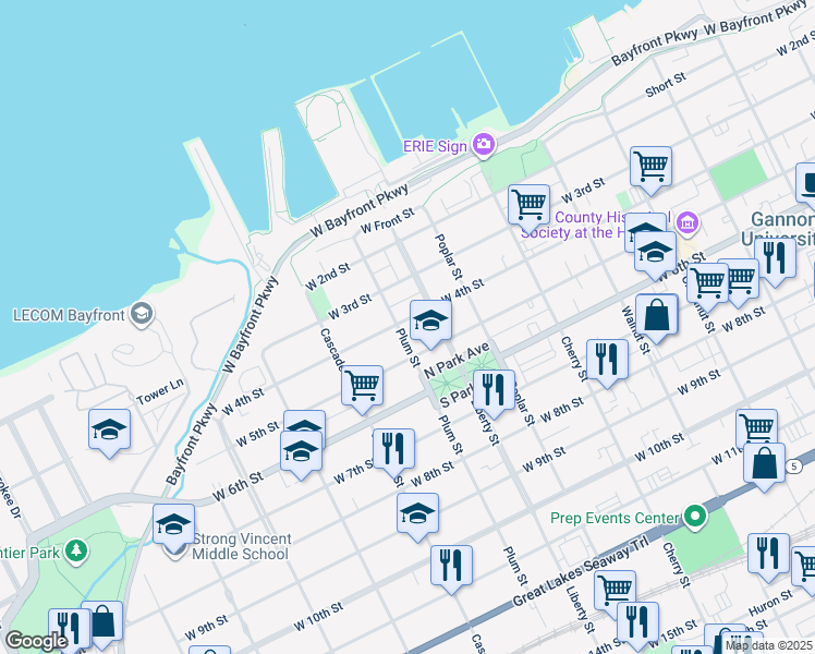 map of restaurants, bars, coffee shops, grocery stores, and more near 825 W 4th St in Erie