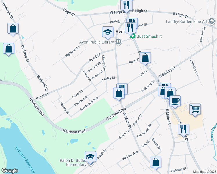 map of restaurants, bars, coffee shops, grocery stores, and more near 86 Malley Avenue in Avon