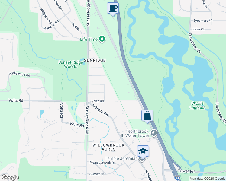 map of restaurants, bars, coffee shops, grocery stores, and more near 220 Southgate Drive in Northbrook