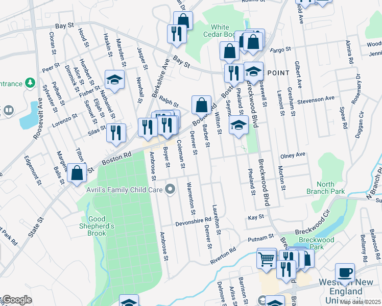 map of restaurants, bars, coffee shops, grocery stores, and more near 64 Denver Street in Springfield