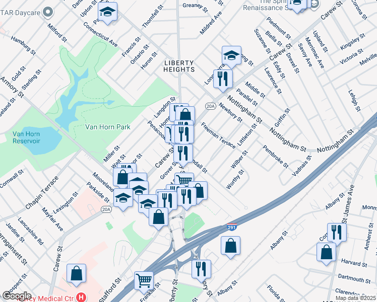 map of restaurants, bars, coffee shops, grocery stores, and more near 22-24 Kendall Street in Springfield