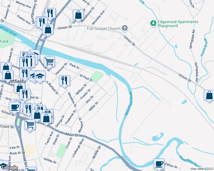 map of restaurants, bars, coffee shops, grocery stores, and more near 144 Miller Street in Westfield