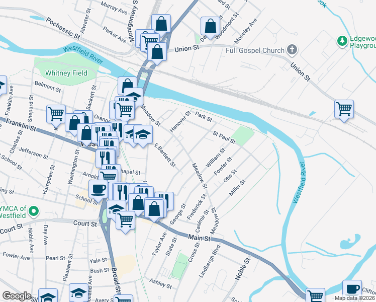 map of restaurants, bars, coffee shops, grocery stores, and more near 2 Lewis Street in Westfield