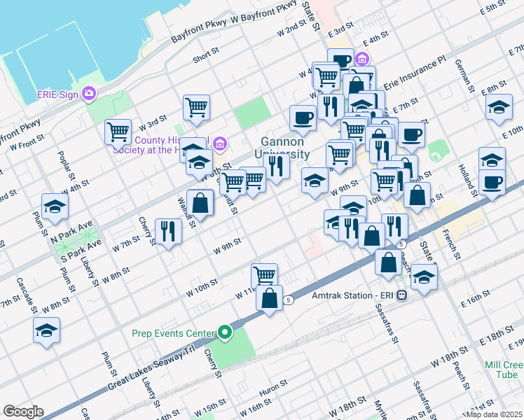 map of restaurants, bars, coffee shops, grocery stores, and more near 331 West 8th Street in Erie