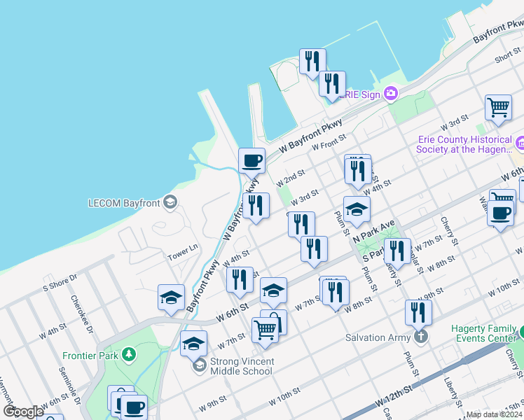 map of restaurants, bars, coffee shops, grocery stores, and more near 1030 Lookout Drive in Erie