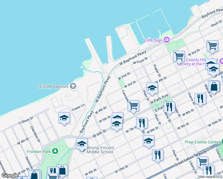 map of restaurants, bars, coffee shops, grocery stores, and more near 1030 Lookout Drive in Erie