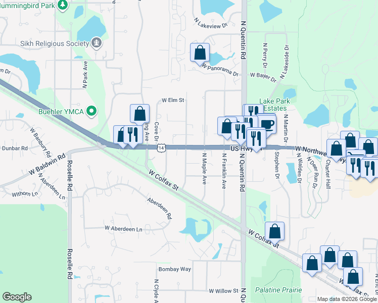 map of restaurants, bars, coffee shops, grocery stores, and more near 1009 West Northwest Highway in Palatine