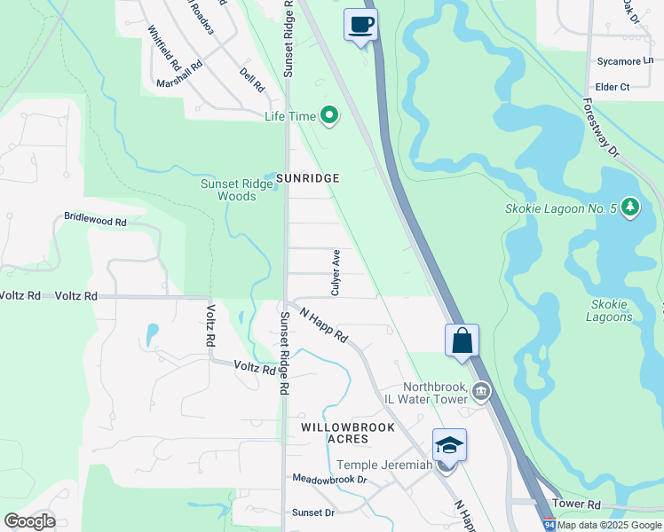 map of restaurants, bars, coffee shops, grocery stores, and more near 300 Culyer Avenue in Northbrook