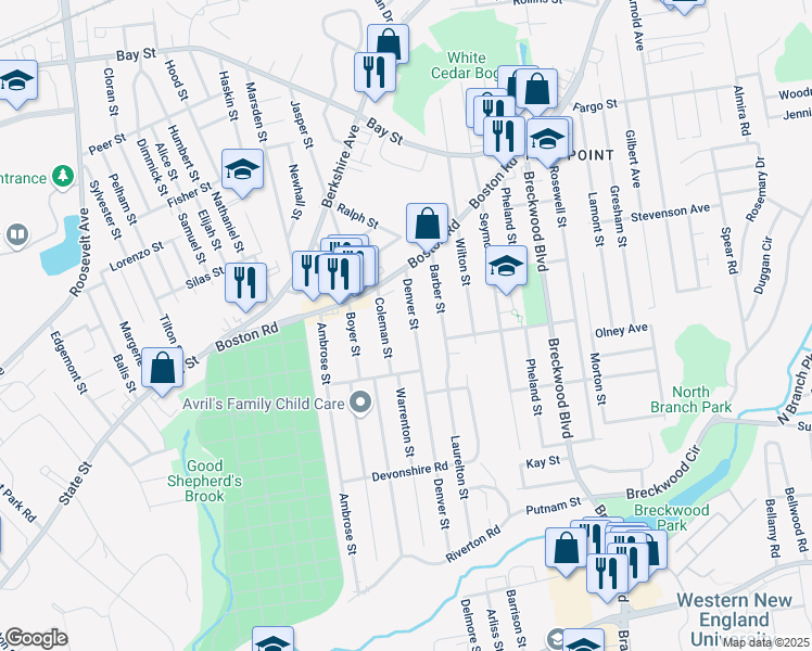 map of restaurants, bars, coffee shops, grocery stores, and more near 64 Denver Street in Springfield