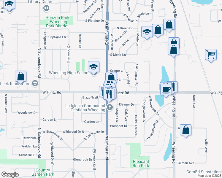 map of restaurants, bars, coffee shops, grocery stores, and more near 995 South Elmhurst Road in Wheeling
