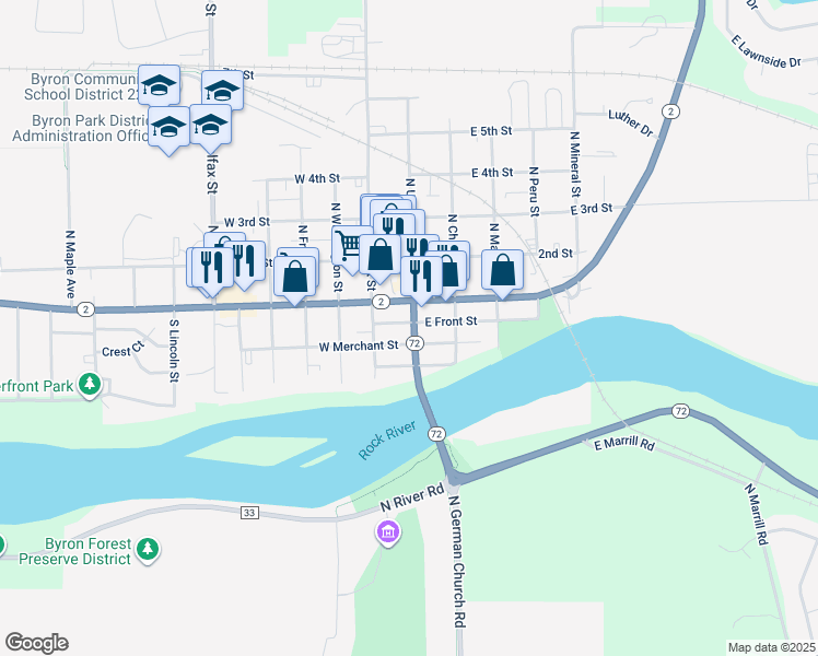 map of restaurants, bars, coffee shops, grocery stores, and more near 20 South Union Street in Byron
