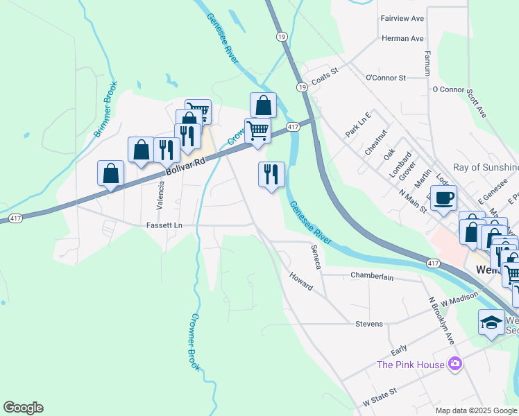 map of restaurants, bars, coffee shops, grocery stores, and more near 160 Seneca Street in Wellsville