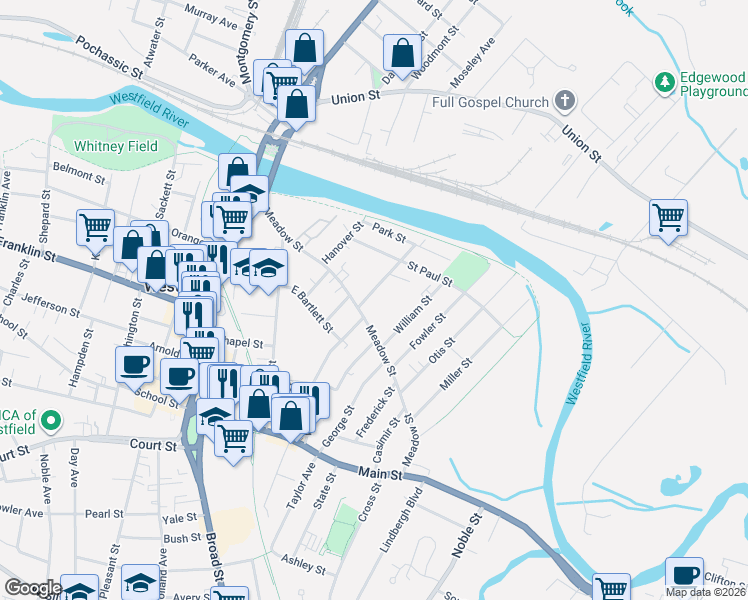 map of restaurants, bars, coffee shops, grocery stores, and more near 7 Sycamore Street in Westfield