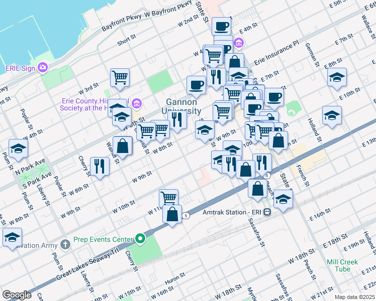 map of restaurants, bars, coffee shops, grocery stores, and more near 254 West 9th Street in Erie