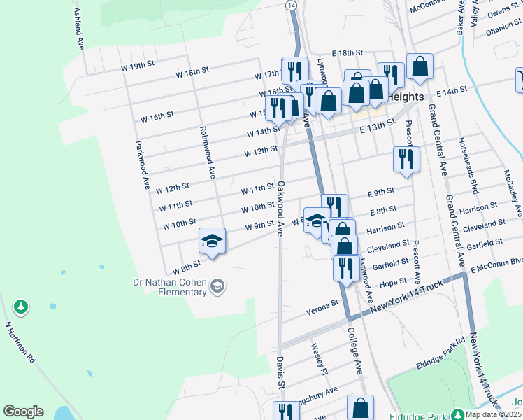 map of restaurants, bars, coffee shops, grocery stores, and more near 213 West 10th Street in Elmira