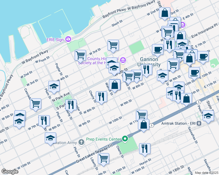 map of restaurants, bars, coffee shops, grocery stores, and more near 464 West 7th Street in Erie