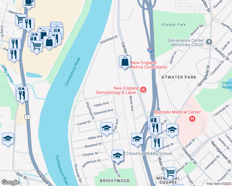 map of restaurants, bars, coffee shops, grocery stores, and more near 100 Wason Avenue in Springfield