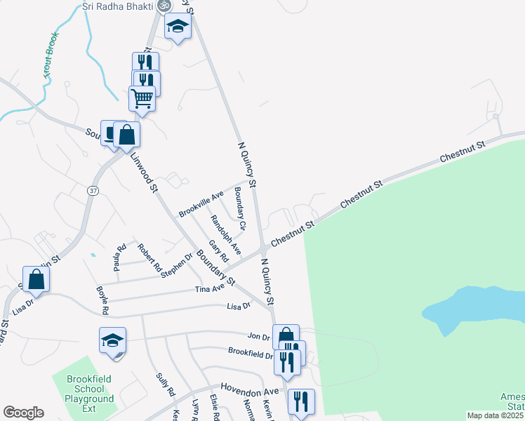 map of restaurants, bars, coffee shops, grocery stores, and more near 485 North Quincy Street in Abington