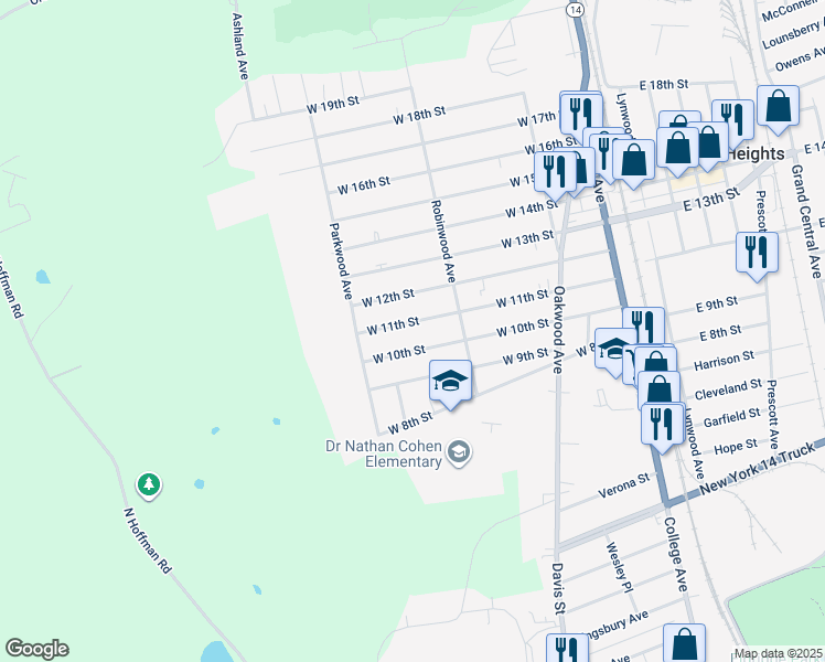 map of restaurants, bars, coffee shops, grocery stores, and more near 263 West 11th Street in Elmira
