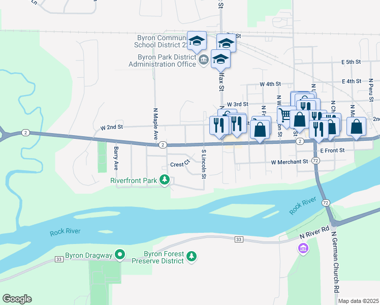 map of restaurants, bars, coffee shops, grocery stores, and more near 903 Crest View Trail in Byron