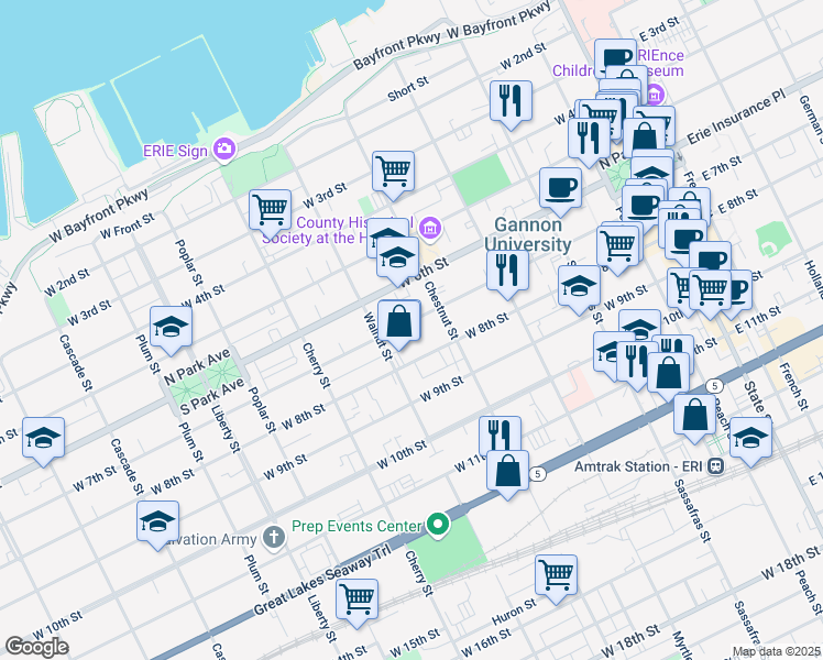 map of restaurants, bars, coffee shops, grocery stores, and more near 433 West 7th Street in Erie