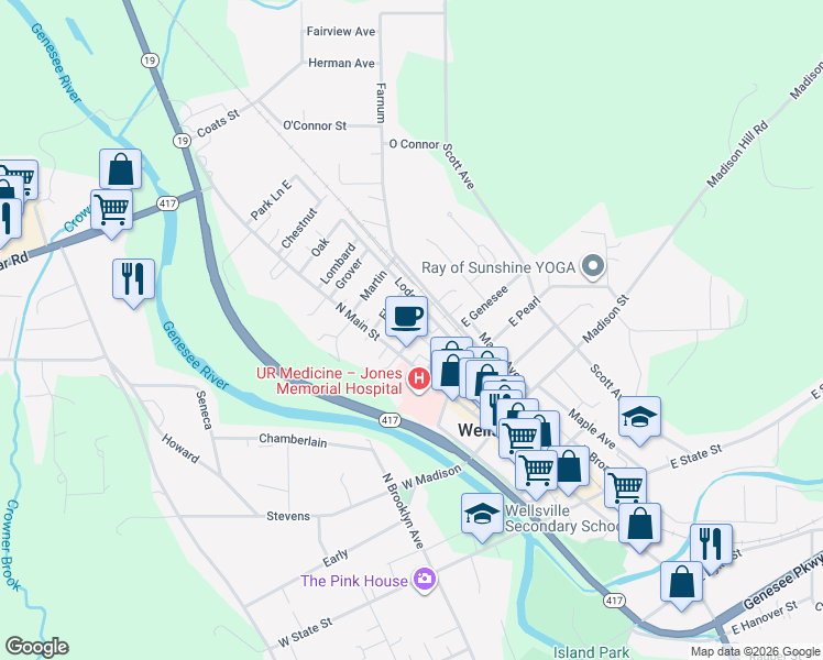 map of restaurants, bars, coffee shops, grocery stores, and more near 36 Central Place in Wellsville