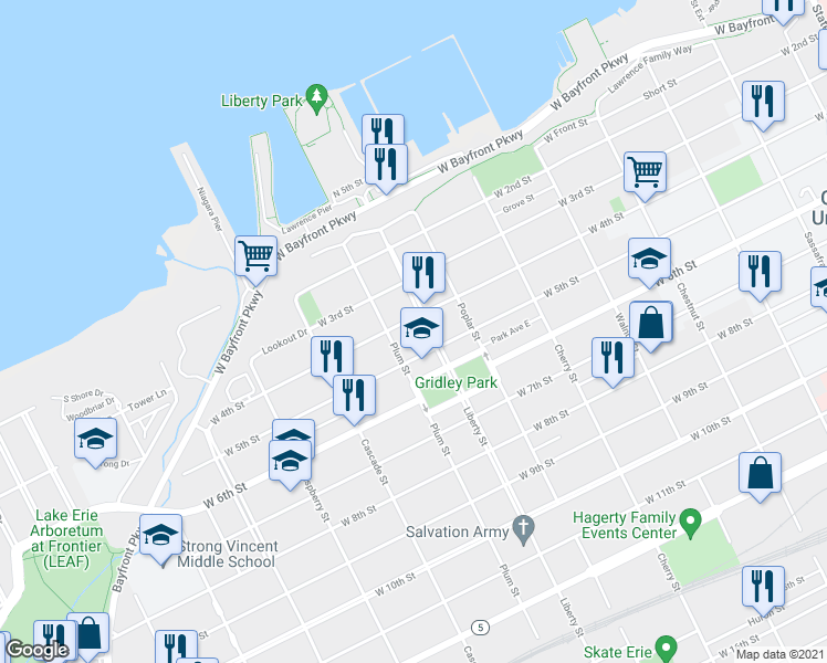 map of restaurants, bars, coffee shops, grocery stores, and more near 809 West 4th Street in Erie