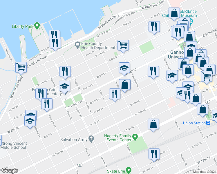 map of restaurants, bars, coffee shops, grocery stores, and more near 529 W 6th St in Erie