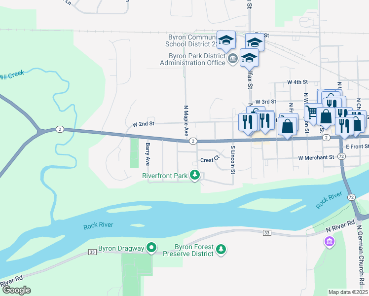 map of restaurants, bars, coffee shops, grocery stores, and more near 1025 Crest View Trail in Byron