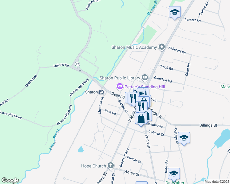 map of restaurants, bars, coffee shops, grocery stores, and more near 48 Depot Street in Sharon