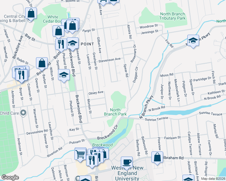 map of restaurants, bars, coffee shops, grocery stores, and more near 370 Wilmington Avenue in Springfield