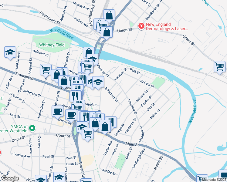 map of restaurants, bars, coffee shops, grocery stores, and more near 19 East Bartlett Street in Westfield