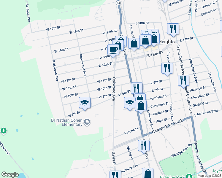 map of restaurants, bars, coffee shops, grocery stores, and more near 213 West 10th Street in Elmira