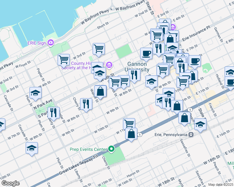 map of restaurants, bars, coffee shops, grocery stores, and more near 402 West 8th Street in Erie