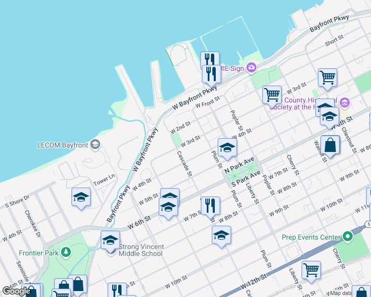 map of restaurants, bars, coffee shops, grocery stores, and more near in Erie
