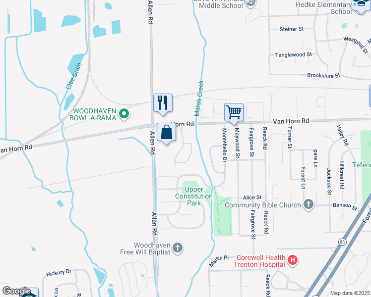 map of restaurants, bars, coffee shops, grocery stores, and more near 25010 Marsh Creek Boulevard in Woodhaven