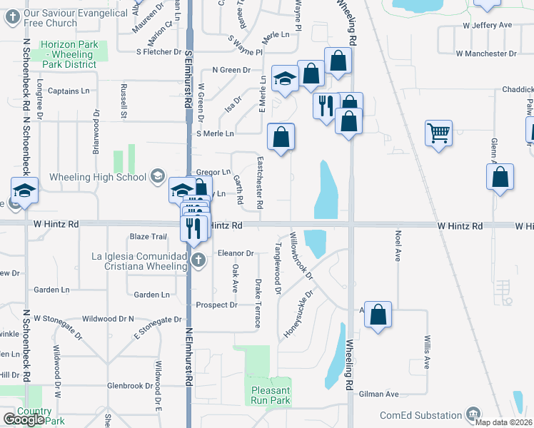 map of restaurants, bars, coffee shops, grocery stores, and more near 532 West Hintz Road in Wheeling