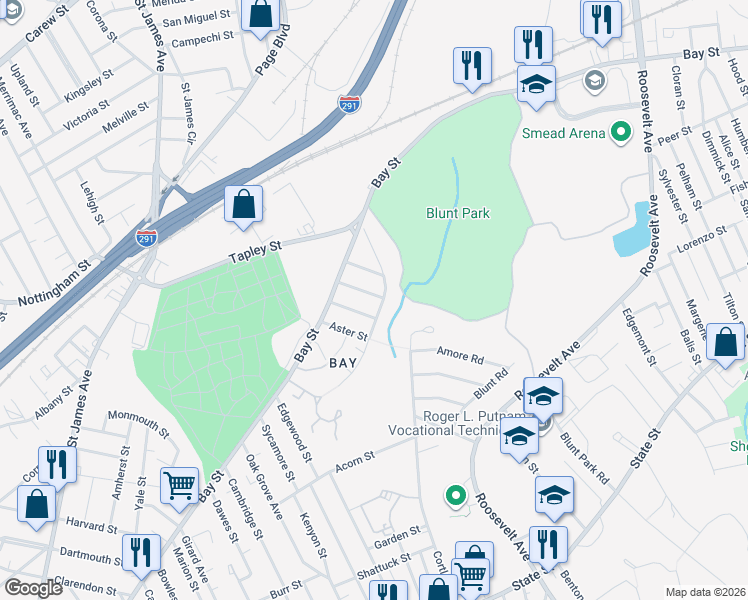 map of restaurants, bars, coffee shops, grocery stores, and more near 39 Goldenrod Street in Springfield
