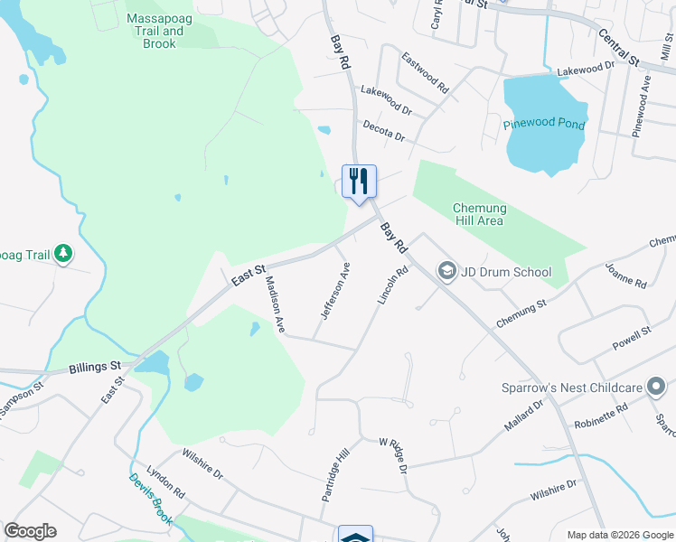 map of restaurants, bars, coffee shops, grocery stores, and more near 9 Jefferson Avenue in Sharon