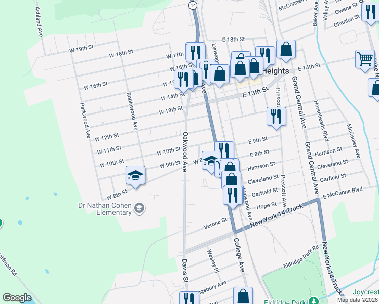 map of restaurants, bars, coffee shops, grocery stores, and more near 160 Oakwood Avenue in Elmira