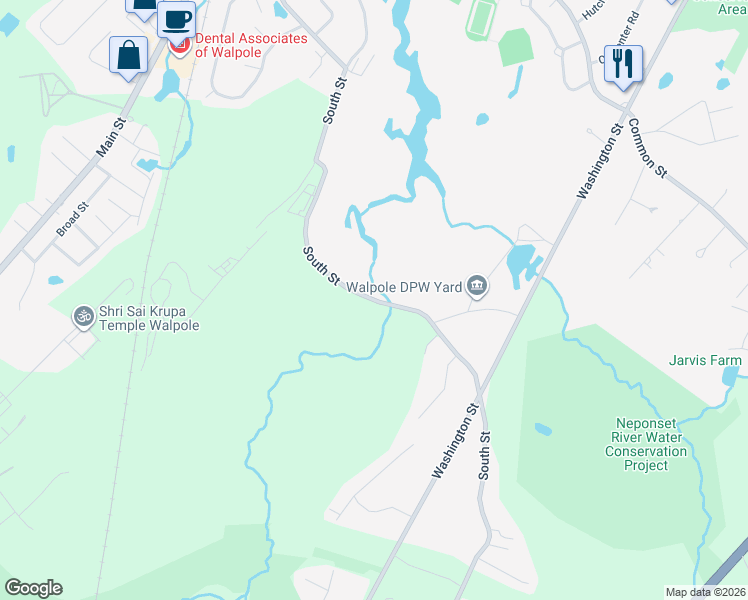 map of restaurants, bars, coffee shops, grocery stores, and more near South Street in Walpole
