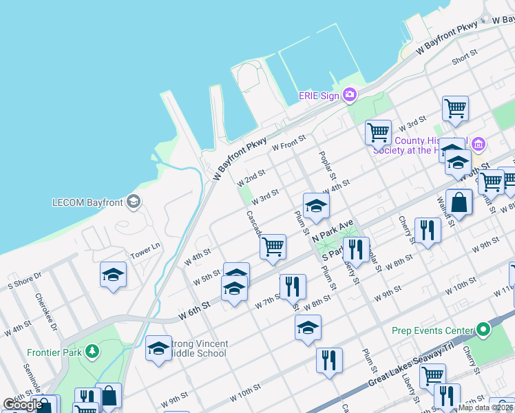 map of restaurants, bars, coffee shops, grocery stores, and more near in Erie