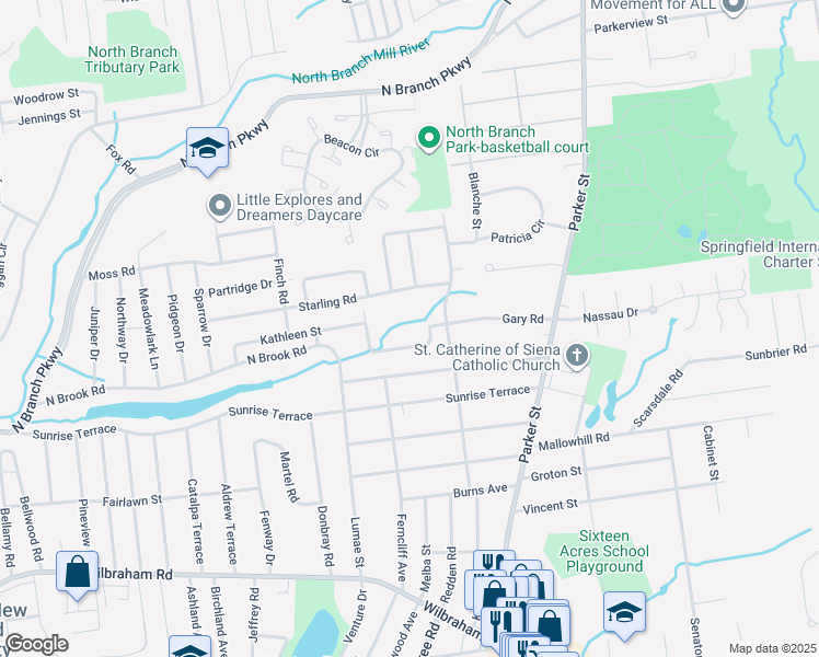 map of restaurants, bars, coffee shops, grocery stores, and more near 40 Timothy Circle in Springfield