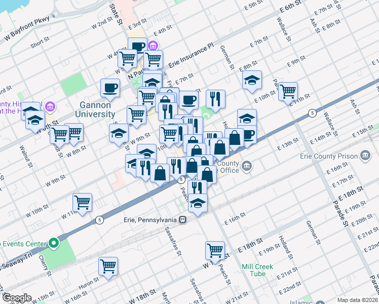 map of restaurants, bars, coffee shops, grocery stores, and more near 1033 State Street in Erie