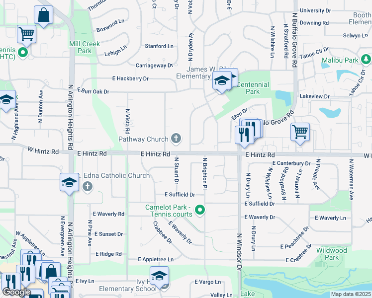map of restaurants, bars, coffee shops, grocery stores, and more near 2702 North Dryden Place in Arlington Heights