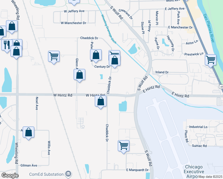 map of restaurants, bars, coffee shops, grocery stores, and more near 140 East Hintz Road in Wheeling