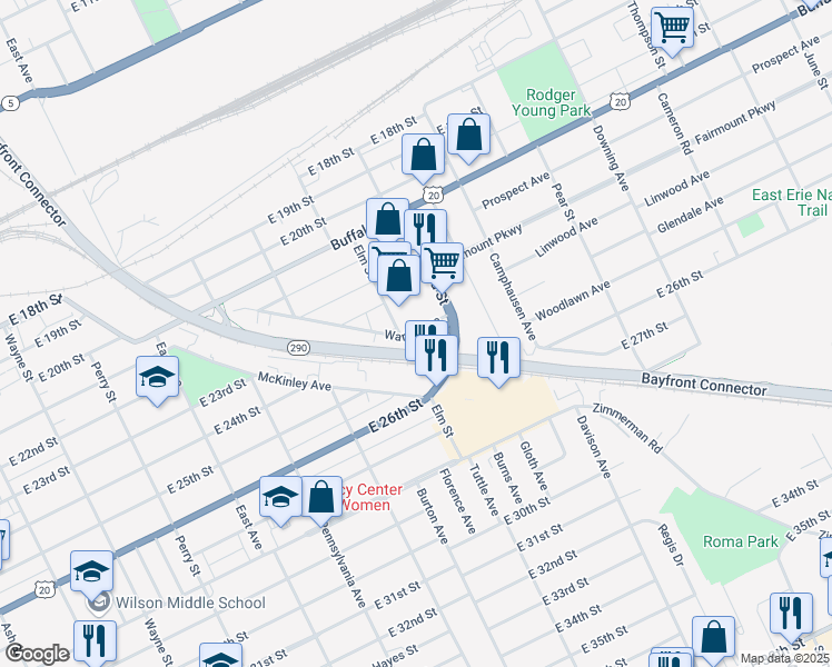 map of restaurants, bars, coffee shops, grocery stores, and more near 2334 Broad Street in Erie
